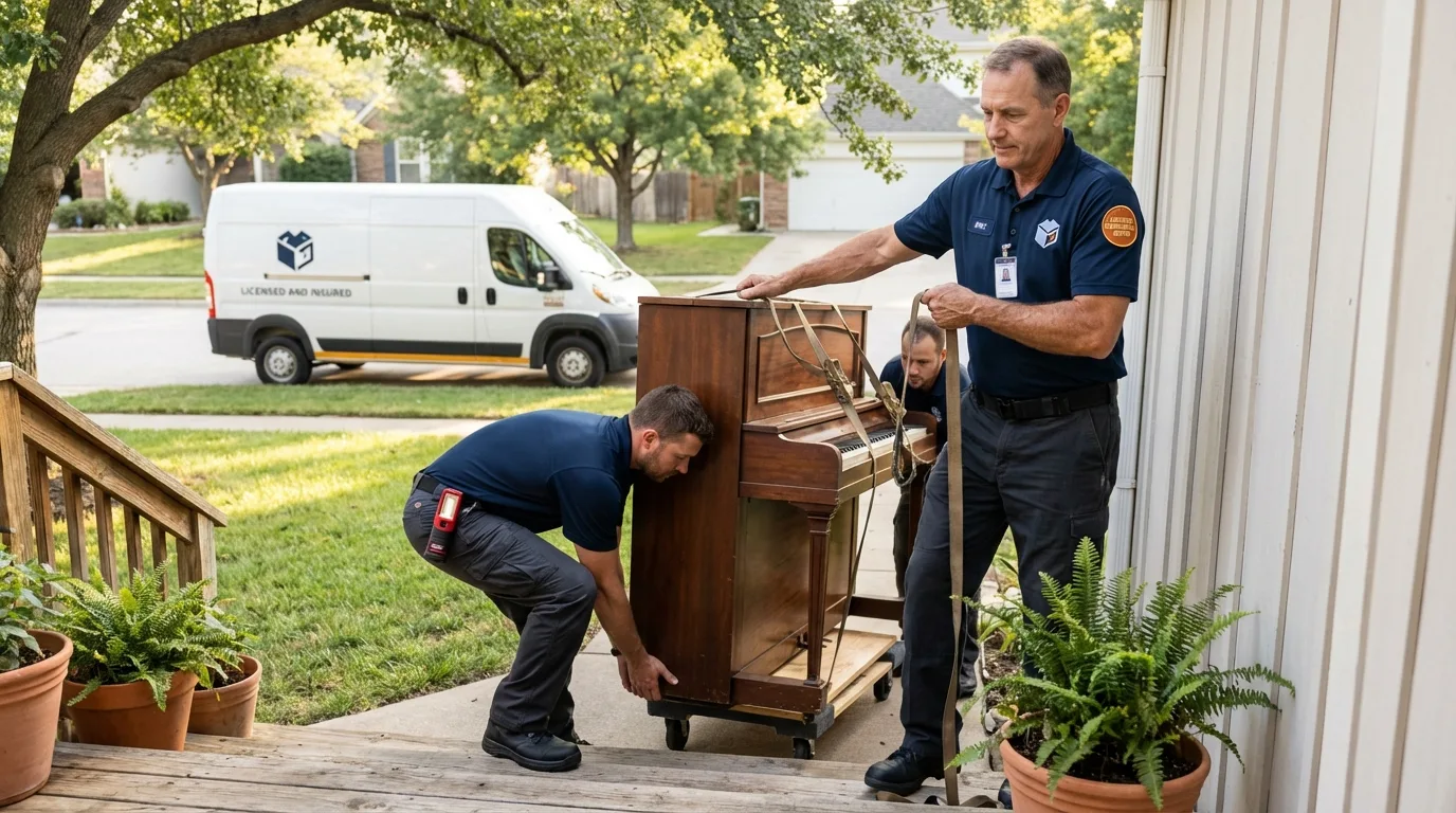 Licensed piano movers securing grand piano in Wilson, WY
