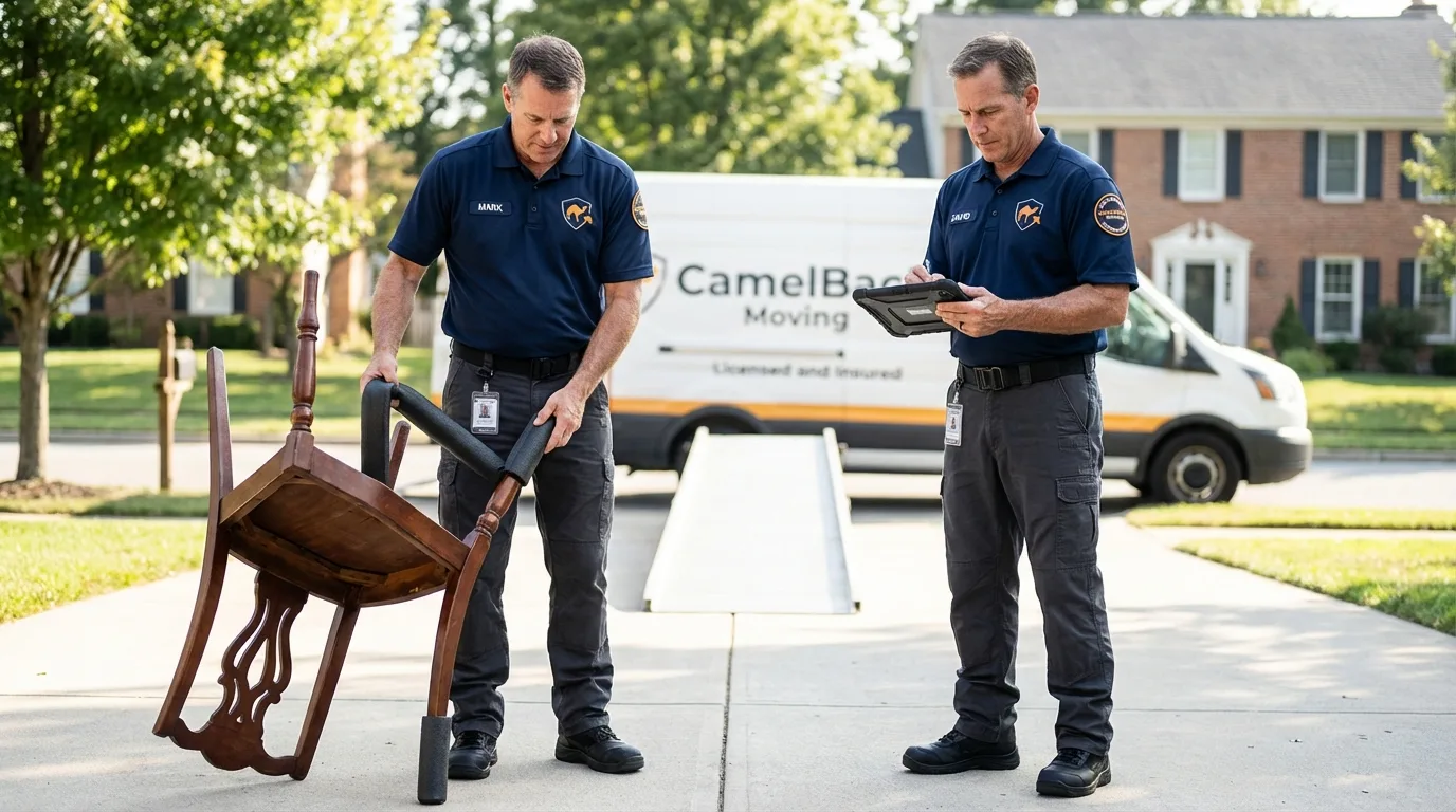 Movers inspecting furniture for damage prevention before loading in Wilson, WY