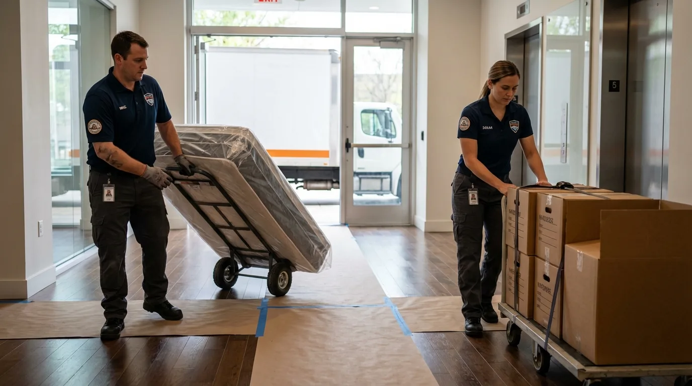 Professional apartment movers loading elevator in Wilson, WY