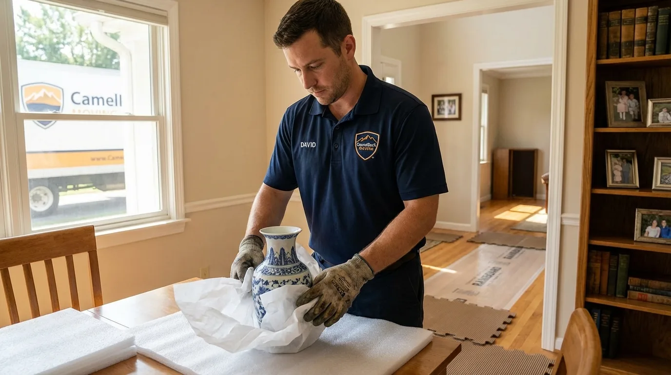 Professional crew carefully wrapping antique vase for senior downsizing move in Wilson, WY